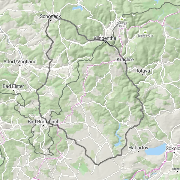 Map miniature of "Chemnitz and Czech Republic Loop" cycling inspiration in Chemnitz, Germany. Generated by Tarmacs.app cycling route planner