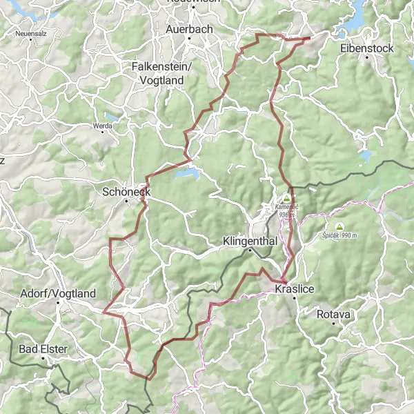 Map miniature of "Gravel Freedom in the Vogtland Hills" cycling inspiration in Chemnitz, Germany. Generated by Tarmacs.app cycling route planner