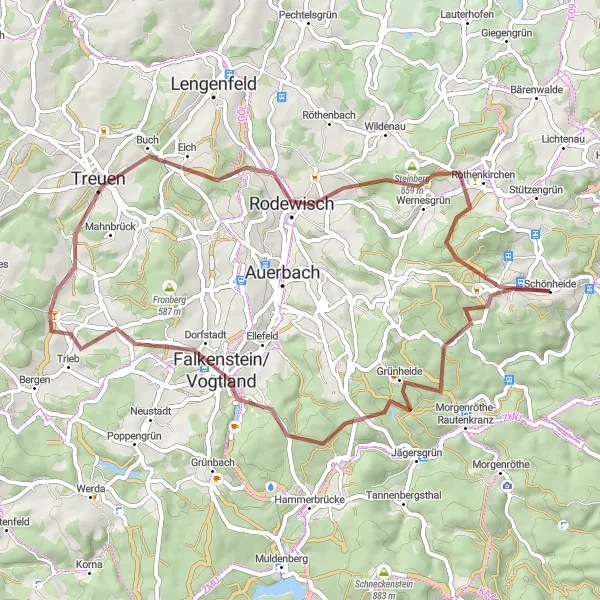 Map miniature of "Off-road Gravel Adventure in Schönheide" cycling inspiration in Chemnitz, Germany. Generated by Tarmacs.app cycling route planner