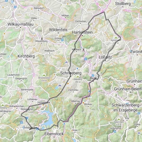 Map miniature of "Scenic Road Cycling near Schönheide" cycling inspiration in Chemnitz, Germany. Generated by Tarmacs.app cycling route planner