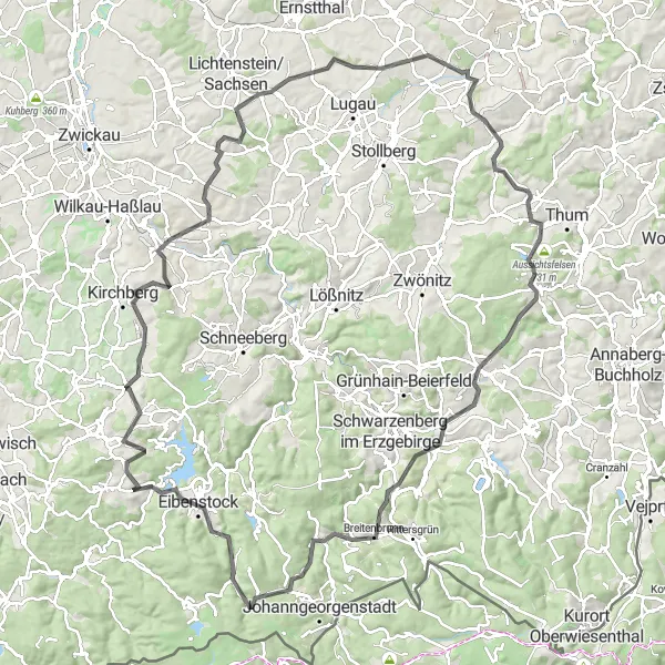 Karten-Miniaturansicht der Radinspiration "Erzgebirge Herausforderung" in Chemnitz, Germany. Erstellt vom Tarmacs.app-Routenplaner für Radtouren