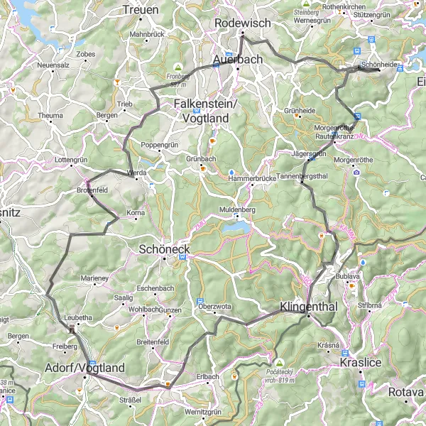 Map miniature of "The Vogtland Hills Adventure" cycling inspiration in Chemnitz, Germany. Generated by Tarmacs.app cycling route planner