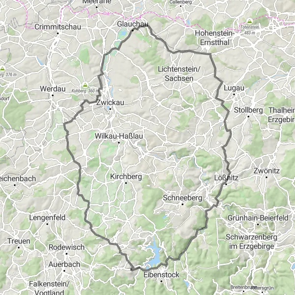 Karten-Miniaturansicht der Radinspiration "Rundfahrt von Schönheide durch die Natur und Historie" in Chemnitz, Germany. Erstellt vom Tarmacs.app-Routenplaner für Radtouren