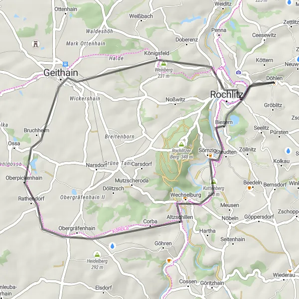 Karten-Miniaturansicht der Radinspiration "Straßenrunde um Wechselburg" in Chemnitz, Germany. Erstellt vom Tarmacs.app-Routenplaner für Radtouren
