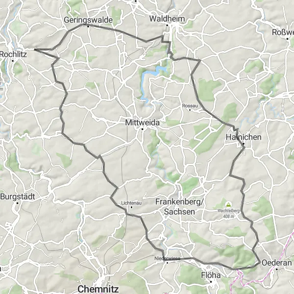 Karten-Miniaturansicht der Radinspiration "Rund um Seelitz und die Höhepunkte von Mittelsachsen" in Chemnitz, Germany. Erstellt vom Tarmacs.app-Routenplaner für Radtouren