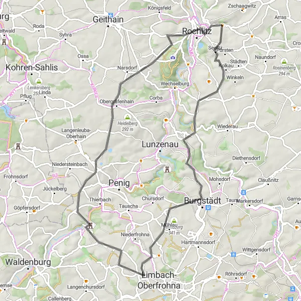Karten-Miniaturansicht der Radinspiration "Durch die grünen Hügel von Sachsen" in Chemnitz, Germany. Erstellt vom Tarmacs.app-Routenplaner für Radtouren