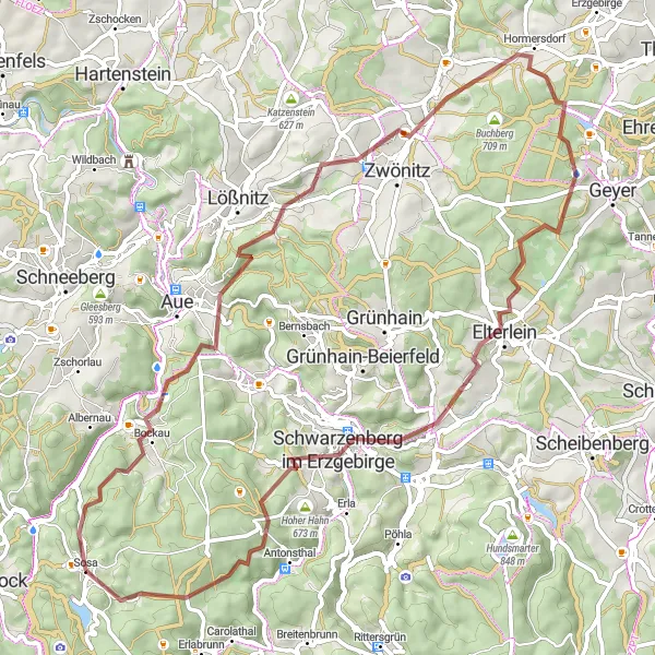 Map miniature of "Gravel Adventure through the Ore Mountains" cycling inspiration in Chemnitz, Germany. Generated by Tarmacs.app cycling route planner