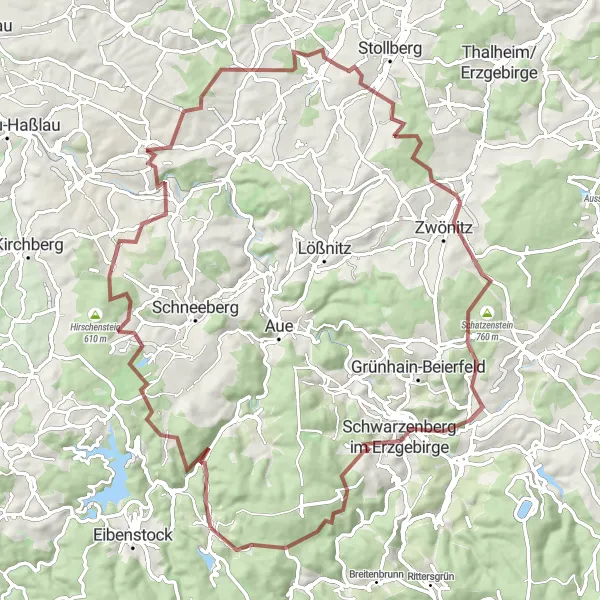 Map miniature of "Erzgebirge Gravel Adventure" cycling inspiration in Chemnitz, Germany. Generated by Tarmacs.app cycling route planner