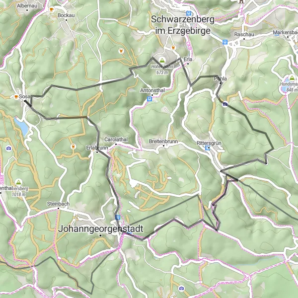 Map miniature of "Scenic Road Cycling Route in the Ore Mountains" cycling inspiration in Chemnitz, Germany. Generated by Tarmacs.app cycling route planner