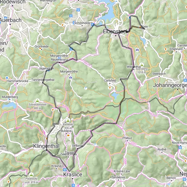 Map miniature of "Challenging Road Cycling Adventure" cycling inspiration in Chemnitz, Germany. Generated by Tarmacs.app cycling route planner