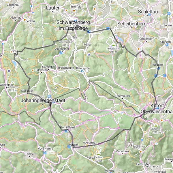 Map miniature of "Epic Road Cycling Adventure in the Ore Mountains" cycling inspiration in Chemnitz, Germany. Generated by Tarmacs.app cycling route planner