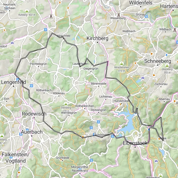 Map miniature of "Eibenstock - Wolfsgrün" cycling inspiration in Chemnitz, Germany. Generated by Tarmacs.app cycling route planner