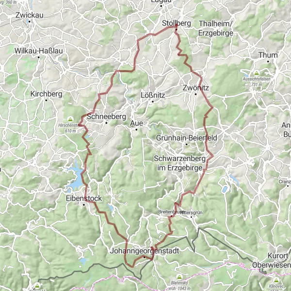 Map miniature of "Zwönitz and Eibenstock Gravel Adventure" cycling inspiration in Chemnitz, Germany. Generated by Tarmacs.app cycling route planner