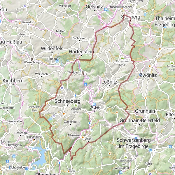 Karten-Miniaturansicht der Radinspiration "Herausfordernde Runde um Stollberg" in Chemnitz, Germany. Erstellt vom Tarmacs.app-Routenplaner für Radtouren