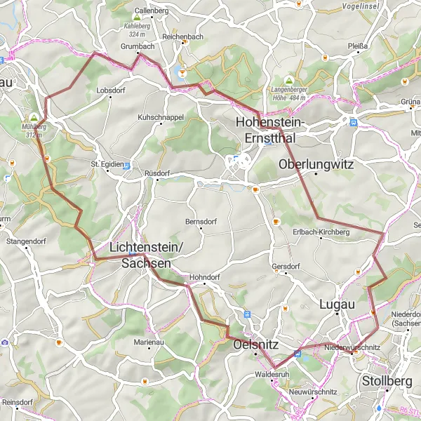 Map miniature of "Scenic Gravel Tour: Stollberg - Hohndorf" cycling inspiration in Chemnitz, Germany. Generated by Tarmacs.app cycling route planner