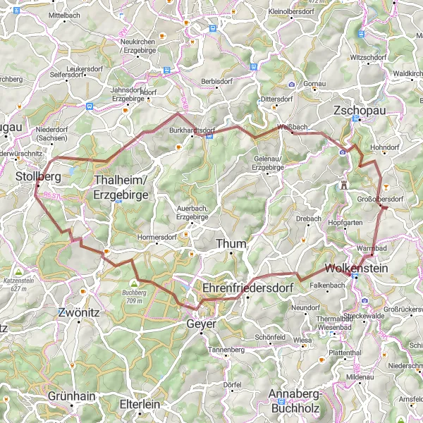 Map miniature of "The Ultimate Gravel Adventure: Stollberg - Mitteldorf" cycling inspiration in Chemnitz, Germany. Generated by Tarmacs.app cycling route planner