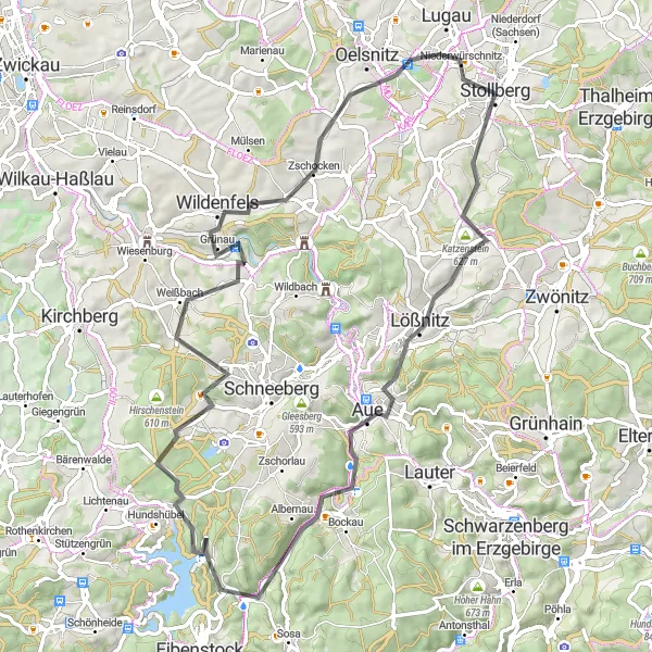 Map miniature of "Lößnitz and Ochsenkopf Cycling Adventure" cycling inspiration in Chemnitz, Germany. Generated by Tarmacs.app cycling route planner