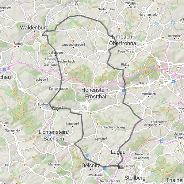 Karten-Miniaturansicht der Radinspiration "Panoramatische Radtour um Stollberg" in Chemnitz, Germany. Erstellt vom Tarmacs.app-Routenplaner für Radtouren