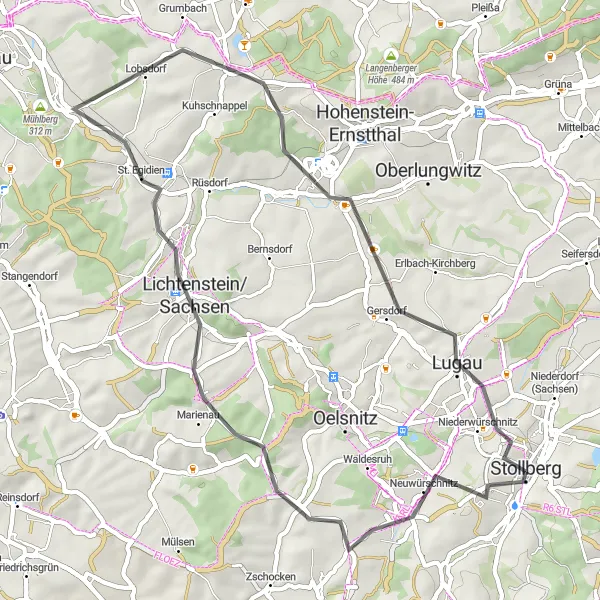 Map miniature of "Stollberg - Niederwürschnitz Scenic Road Tour" cycling inspiration in Chemnitz, Germany. Generated by Tarmacs.app cycling route planner