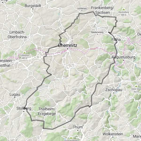 Map miniature of "Southern Ore Mountains Gravel Adventure" cycling inspiration in Chemnitz, Germany. Generated by Tarmacs.app cycling route planner