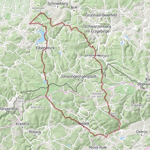 Map miniature of "Thrilling Gravel Cycling Adventure Through Riedelfelsen and Rozhled" cycling inspiration in Chemnitz, Germany. Generated by Tarmacs.app cycling route planner
