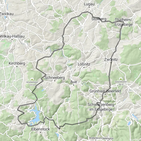 Karten-Miniaturansicht der Radinspiration "Bergauf-Bergab um Zwönitz" in Chemnitz, Germany. Erstellt vom Tarmacs.app-Routenplaner für Radtouren