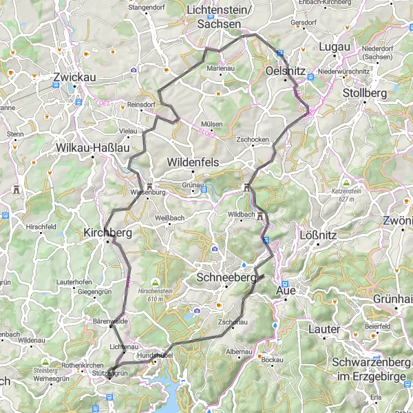 Map miniature of "Kirchberg and Bad Schlema" cycling inspiration in Chemnitz, Germany. Generated by Tarmacs.app cycling route planner