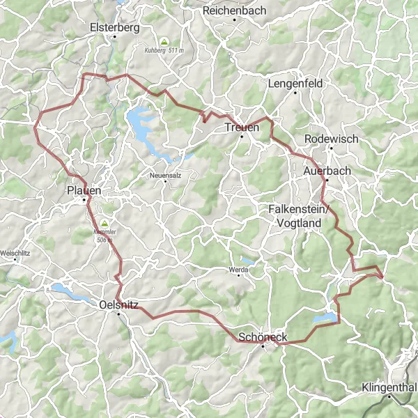 Map miniature of "Gravel Adventure in Vogtland" cycling inspiration in Chemnitz, Germany. Generated by Tarmacs.app cycling route planner