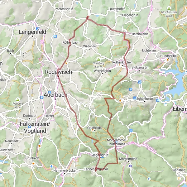 Karten-Miniaturansicht der Radinspiration "Gravel-Abenteuer von Tannenbergsthal" in Chemnitz, Germany. Erstellt vom Tarmacs.app-Routenplaner für Radtouren