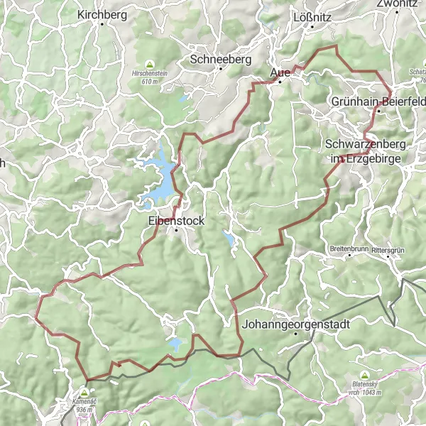 Map miniature of "The Ore Mountains Gravel Journey" cycling inspiration in Chemnitz, Germany. Generated by Tarmacs.app cycling route planner
