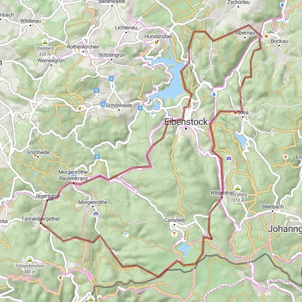 Map miniature of "Gravel Adventure through Steinberg and Wildenthal" cycling inspiration in Chemnitz, Germany. Generated by Tarmacs.app cycling route planner