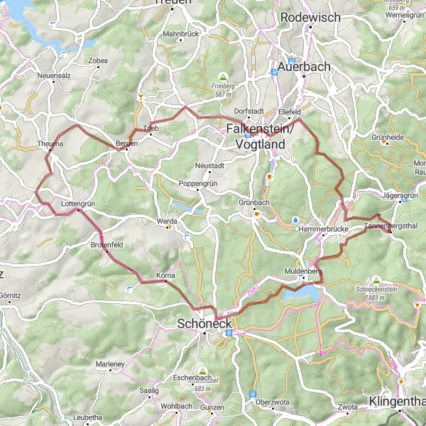 Karten-Miniaturansicht der Radinspiration "Schöneck und Ellefeld Rundtour" in Chemnitz, Germany. Erstellt vom Tarmacs.app-Routenplaner für Radtouren