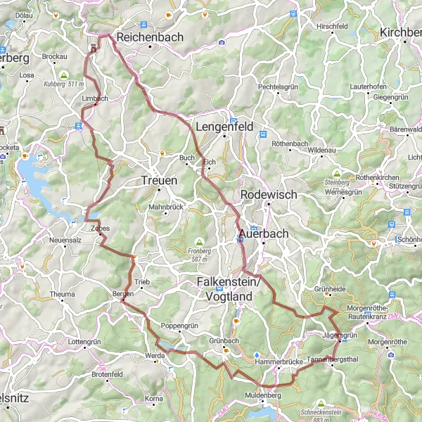 Map miniature of "Hidden Gems of the Ore Mountains" cycling inspiration in Chemnitz, Germany. Generated by Tarmacs.app cycling route planner