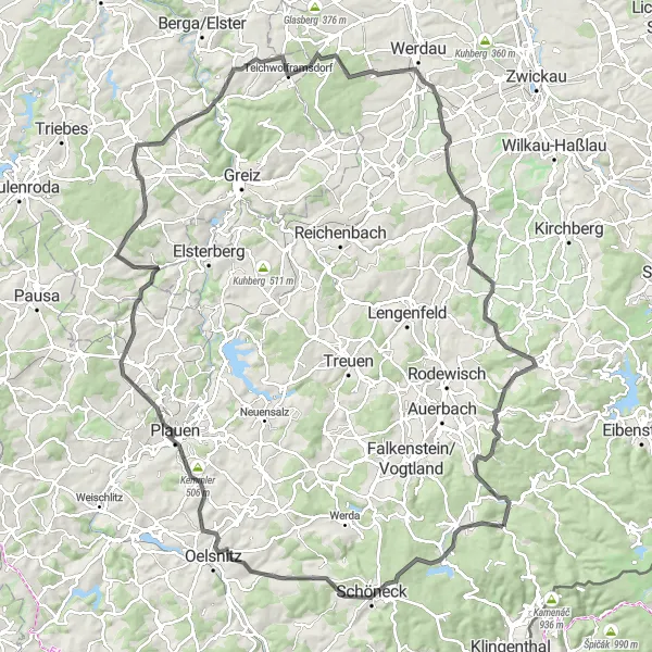 Map miniature of "Scenic Loop from Tannenbergsthal to Erbengrün" cycling inspiration in Chemnitz, Germany. Generated by Tarmacs.app cycling route planner