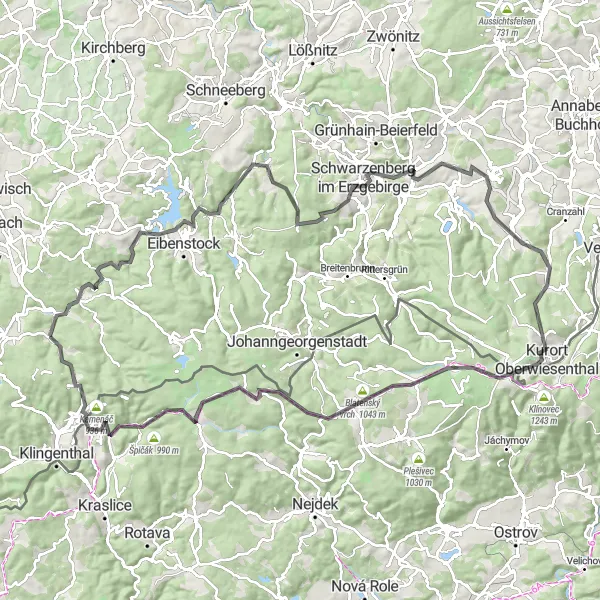 Map miniature of "Exploring the Beauty of Oberscheibe and Horní Blatná" cycling inspiration in Chemnitz, Germany. Generated by Tarmacs.app cycling route planner