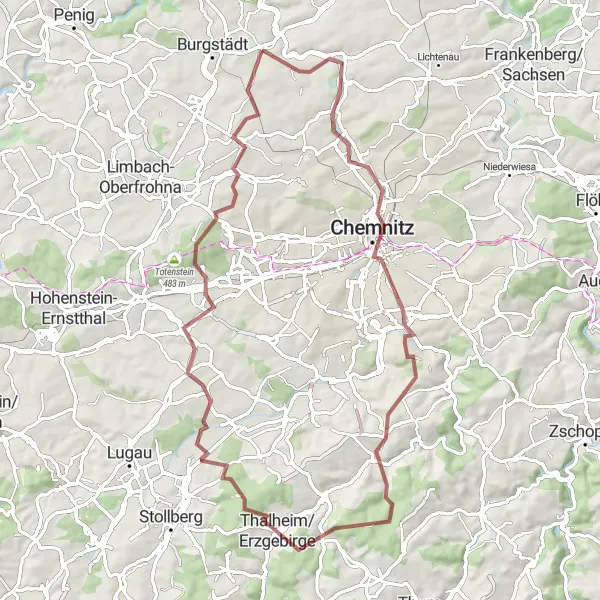 Map miniature of "The Ore Mountains Gravel Adventure" cycling inspiration in Chemnitz, Germany. Generated by Tarmacs.app cycling route planner