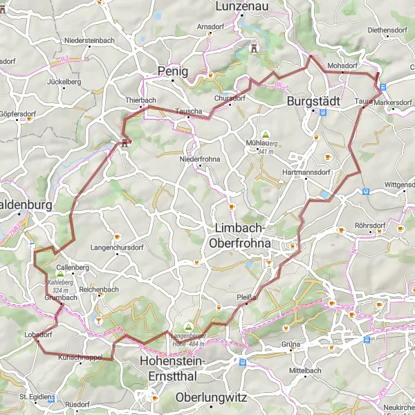 Map miniature of "Gravel Adventure Loop" cycling inspiration in Chemnitz, Germany. Generated by Tarmacs.app cycling route planner