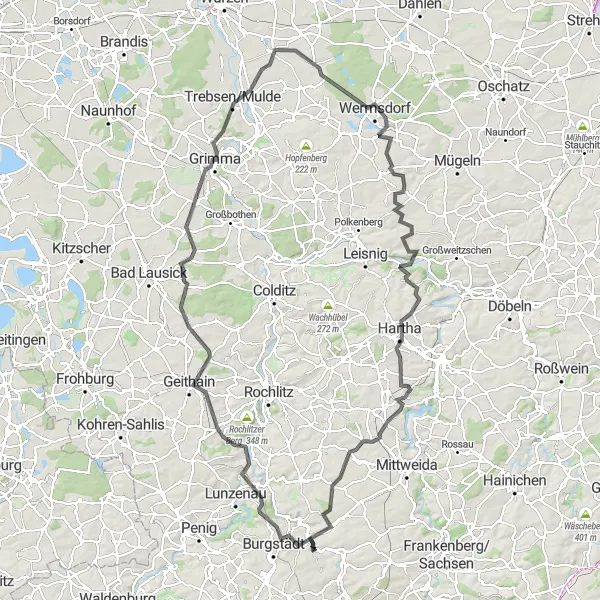 Karten-Miniaturansicht der Radinspiration "Hügeliges Chemnitz" in Chemnitz, Germany. Erstellt vom Tarmacs.app-Routenplaner für Radtouren