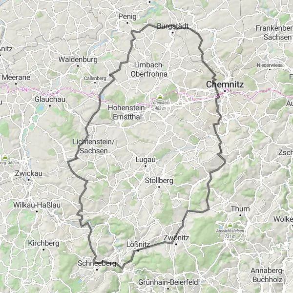 Karten-Miniaturansicht der Radinspiration "Herausfordernde Hügelrunde um Chemnitz" in Chemnitz, Germany. Erstellt vom Tarmacs.app-Routenplaner für Radtouren