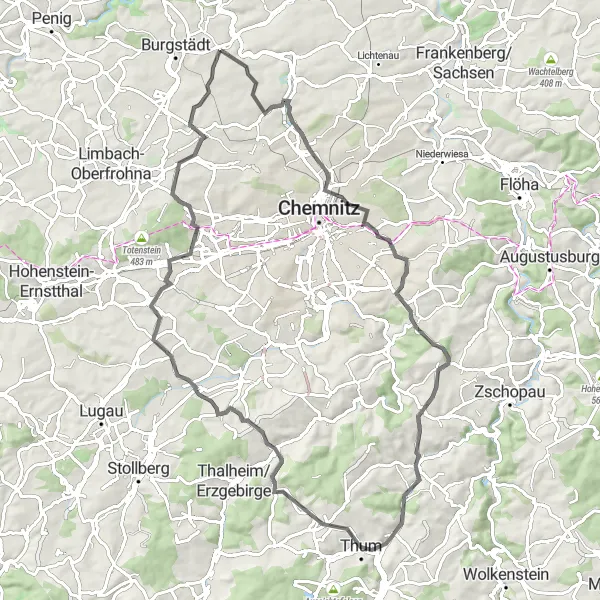 Map miniature of "Road Cycling Adventure" cycling inspiration in Chemnitz, Germany. Generated by Tarmacs.app cycling route planner