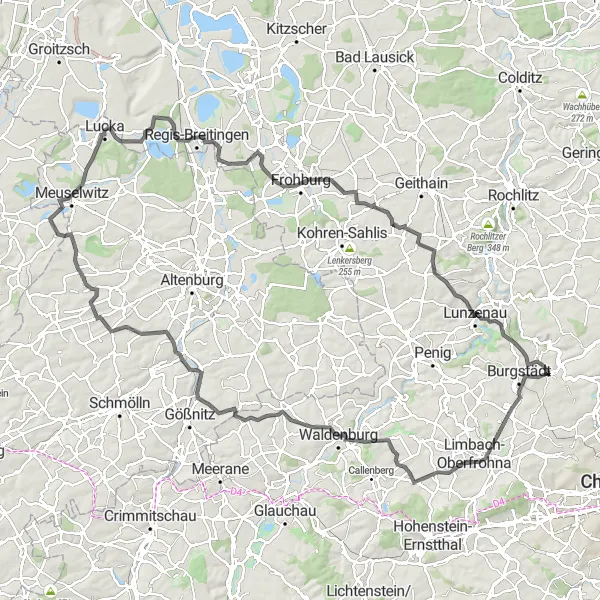 Karten-Miniaturansicht der Radinspiration "Auf den Spuren von Hanneloren-Eiche und Frohburg" in Chemnitz, Germany. Erstellt vom Tarmacs.app-Routenplaner für Radtouren