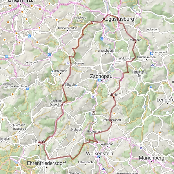 Map miniature of "The Ore Mountain Gravel Adventure" cycling inspiration in Chemnitz, Germany. Generated by Tarmacs.app cycling route planner