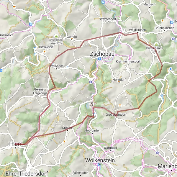 Map miniature of "The Hidden Gems of the Ore Mountains" cycling inspiration in Chemnitz, Germany. Generated by Tarmacs.app cycling route planner