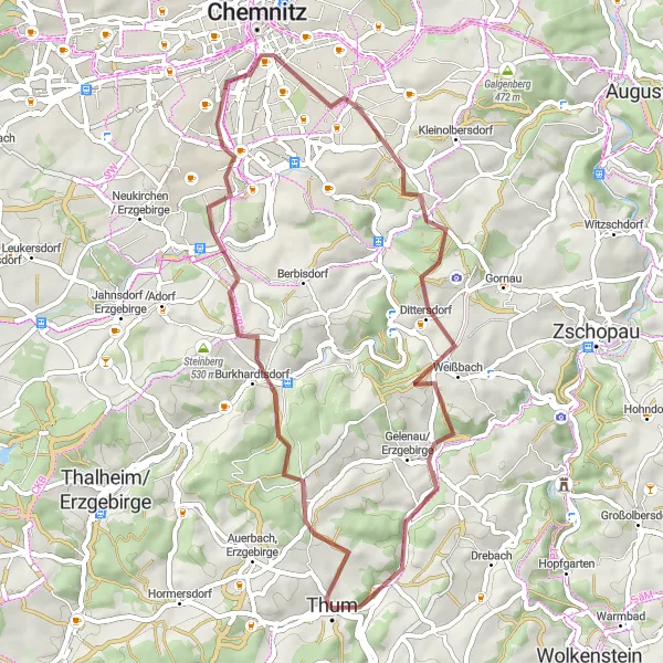Map miniature of "Thum Gravel Adventure" cycling inspiration in Chemnitz, Germany. Generated by Tarmacs.app cycling route planner