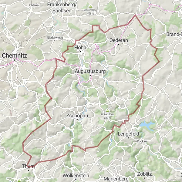 Map miniature of "Thum Mountain Challenge" cycling inspiration in Chemnitz, Germany. Generated by Tarmacs.app cycling route planner