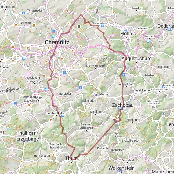Map miniature of "Thum Scenic Gravel Tour" cycling inspiration in Chemnitz, Germany. Generated by Tarmacs.app cycling route planner
