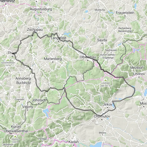 Map miniature of "The Great Ore Mountain Loop" cycling inspiration in Chemnitz, Germany. Generated by Tarmacs.app cycling route planner