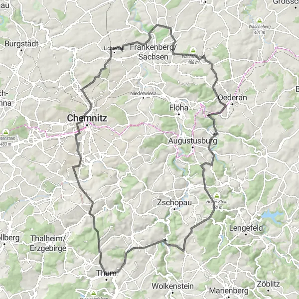 Karten-Miniaturansicht der Radinspiration "Radeln Sie durch das Erzgebirge auf einer Roadbike-Route" in Chemnitz, Germany. Erstellt vom Tarmacs.app-Routenplaner für Radtouren