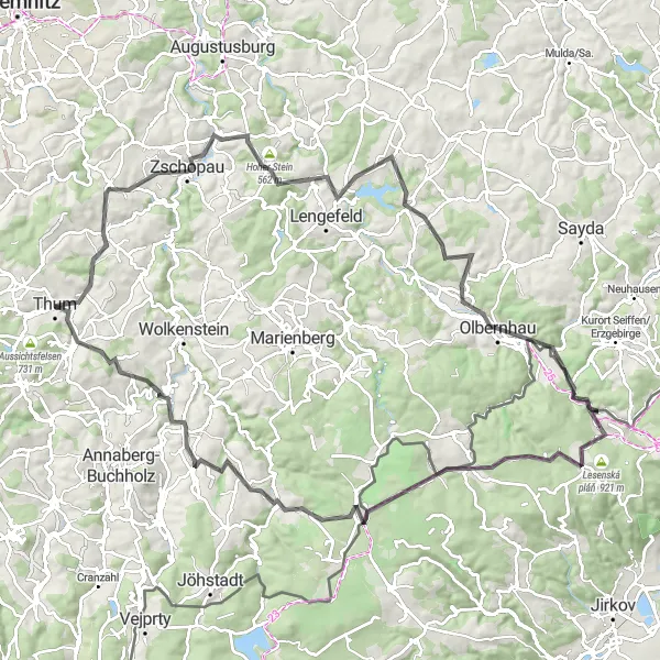 Karten-Miniaturansicht der Radinspiration "Erzgebirgische Bergtour" in Chemnitz, Germany. Erstellt vom Tarmacs.app-Routenplaner für Radtouren