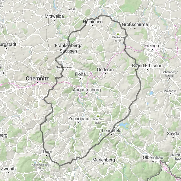 Map miniature of "Thum-Ehrenfriedersdorf Loop" cycling inspiration in Chemnitz, Germany. Generated by Tarmacs.app cycling route planner